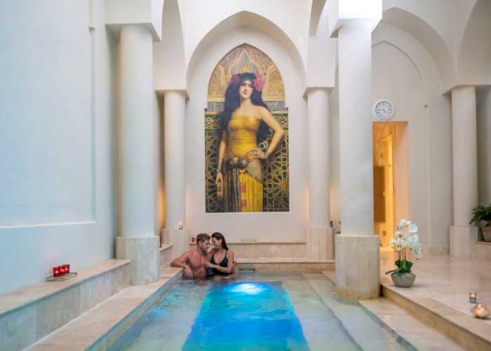 couple bathing indoors in a traditional Roman bathhouse in a luxury day spa in the Dandenong Ranges, Melbourne